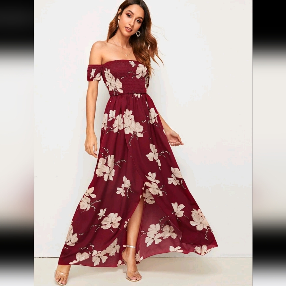SHEIN Floral Off Shoulder Split Thigh Shirred Dress